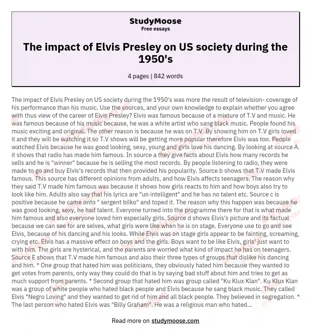 The impact of Elvis Presley on US society during the 1950's essay