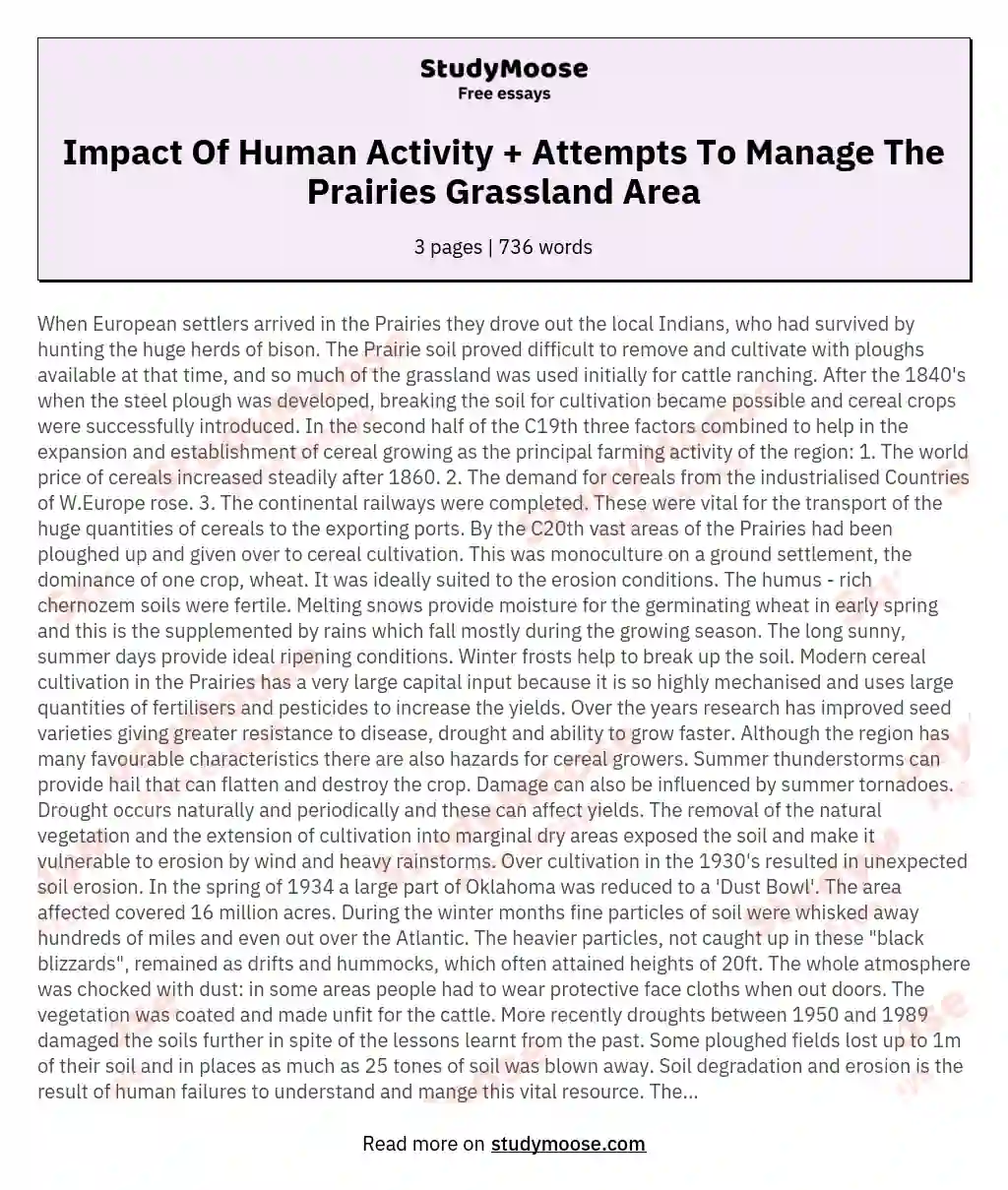 Impact Of Human Activity + Attempts To Manage The Prairies Grassland Area