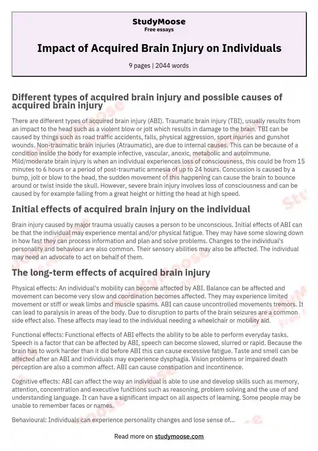 Impact of Acquired Brain Injury on Individuals