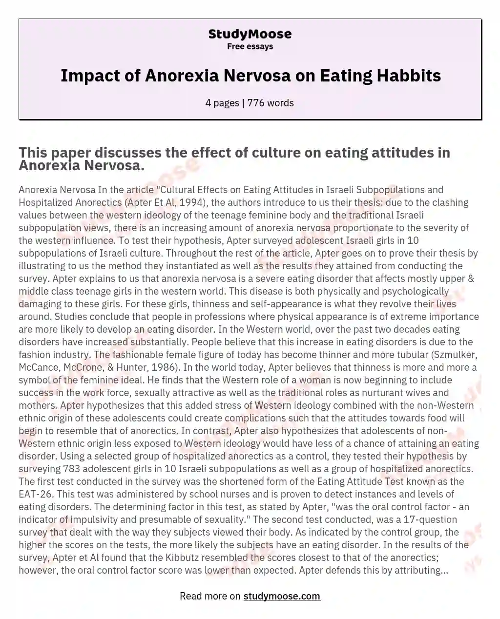 Impact of Anorexia Nervosa on Eating Habbits essay