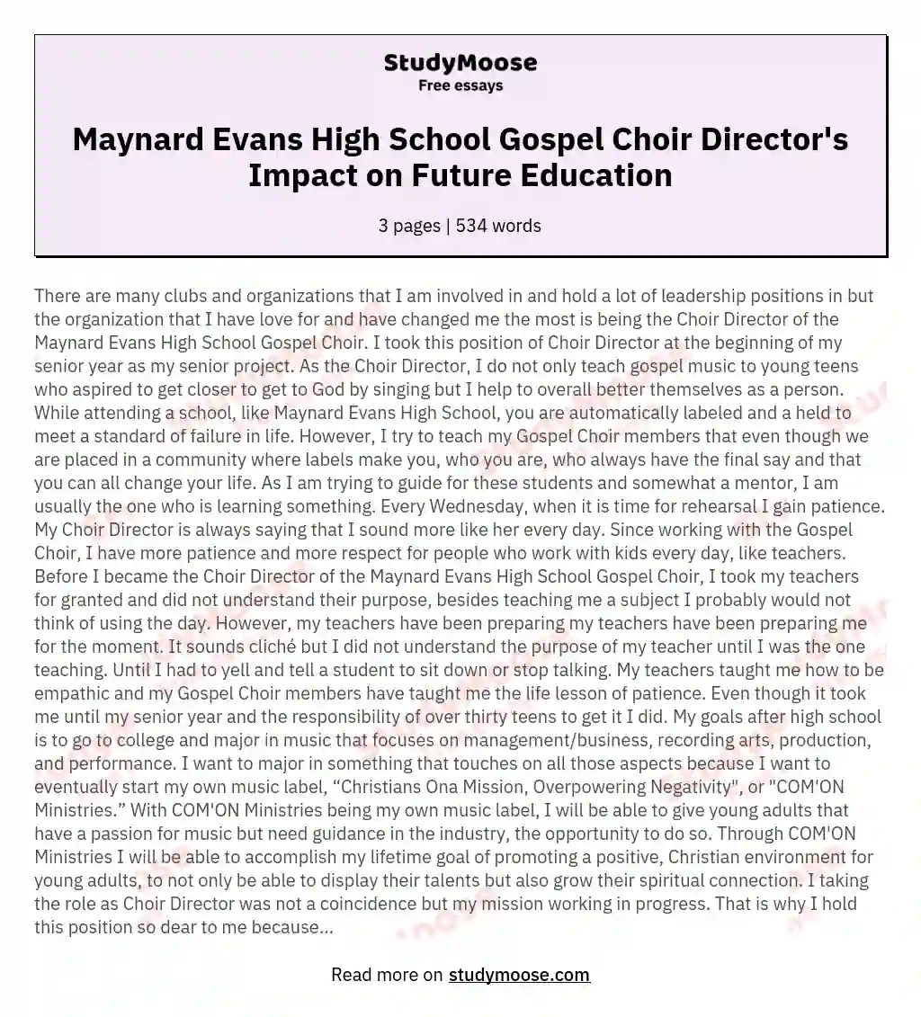 Maynard Evans High School Gospel Choir Director's Impact on Future Education essay