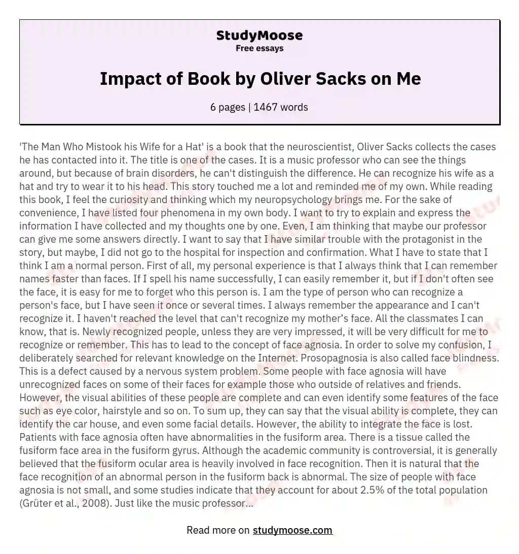 Impact of Book by Oliver Sacks on Me
