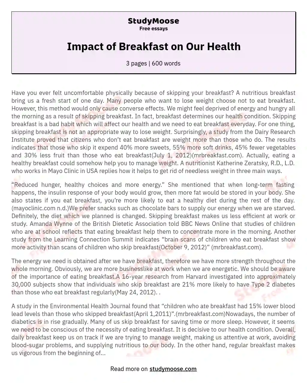 Impact of Breakfast on Our Health essay