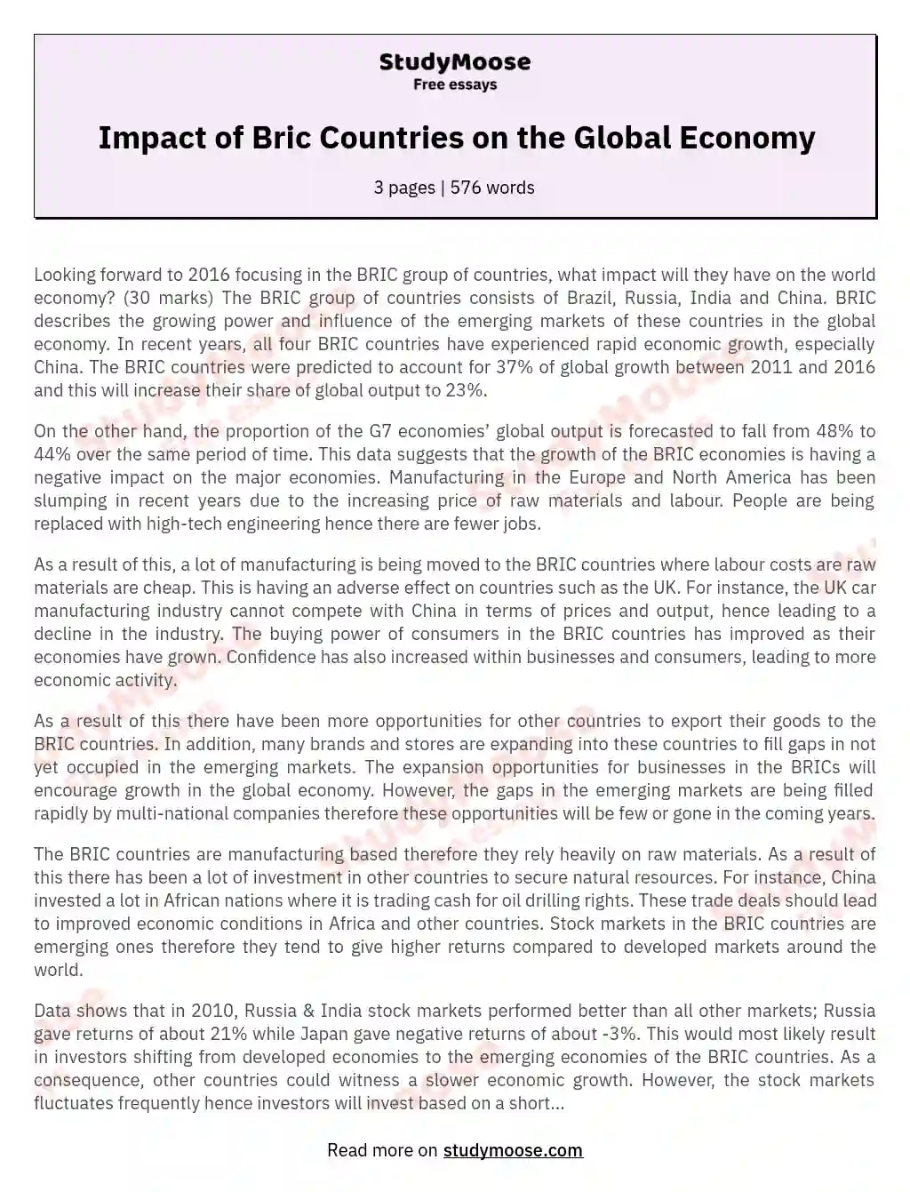 Impact of Bric Countries on the Global Economy