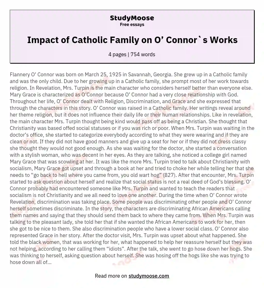 Impact of Catholic Family on O’ Connor`s Works essay