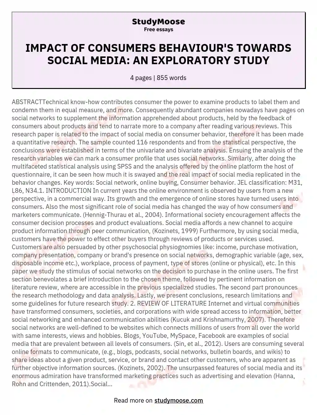 IMPACT OF CONSUMERS BEHAVIOUR'S TOWARDS SOCIAL MEDIA: AN EXPLORATORY STUDY essay