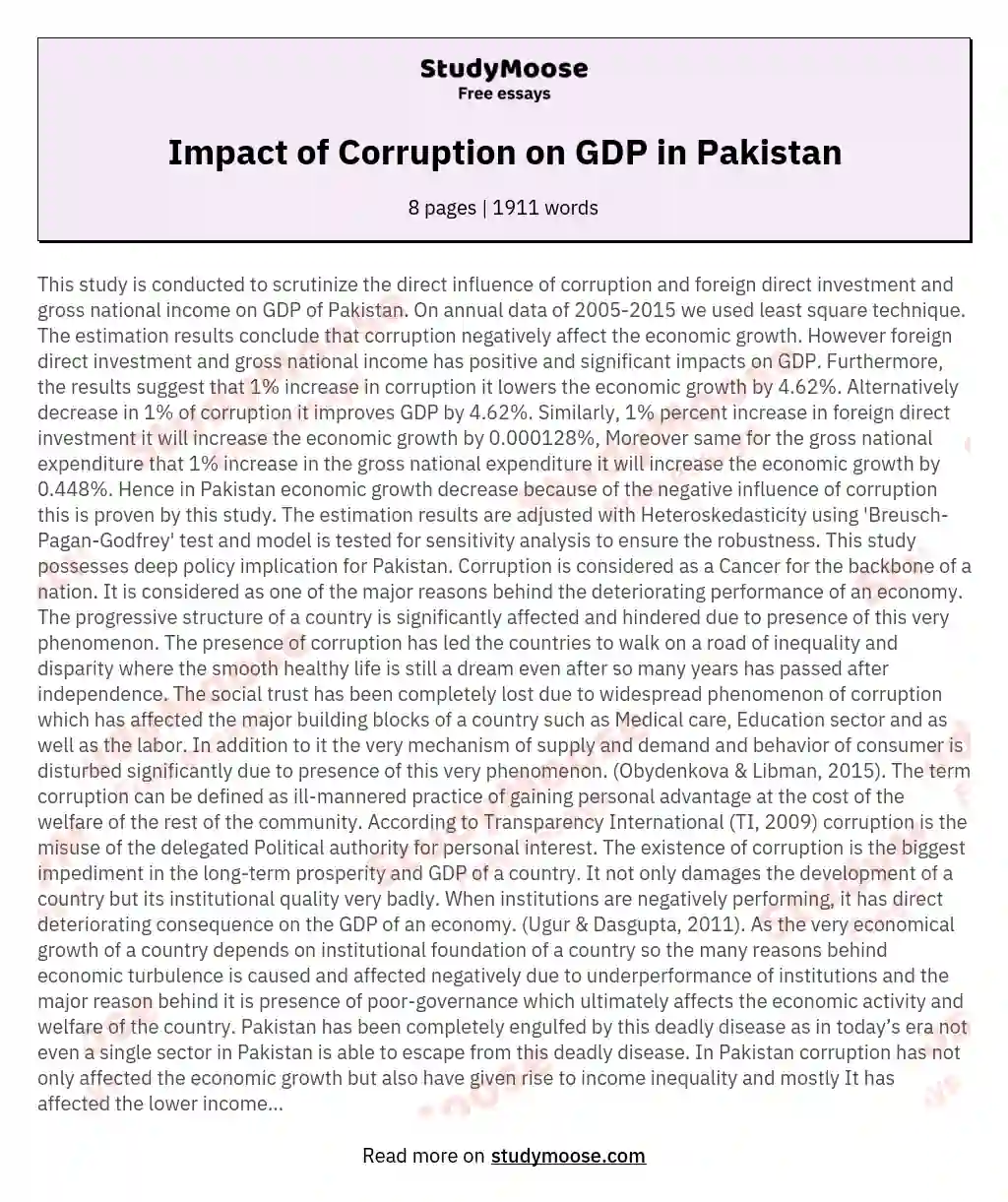 Impact of Corruption on GDP in Pakistan essay