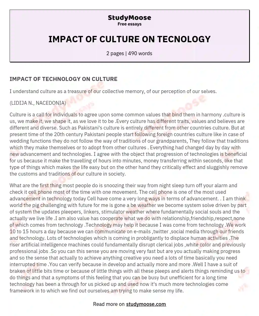IMPACT OF CULTURE ON TECNOLOGY essay