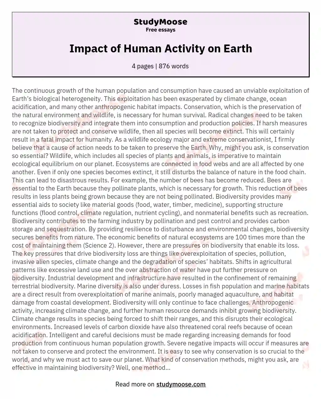Impact of Human Activity on Earth essay