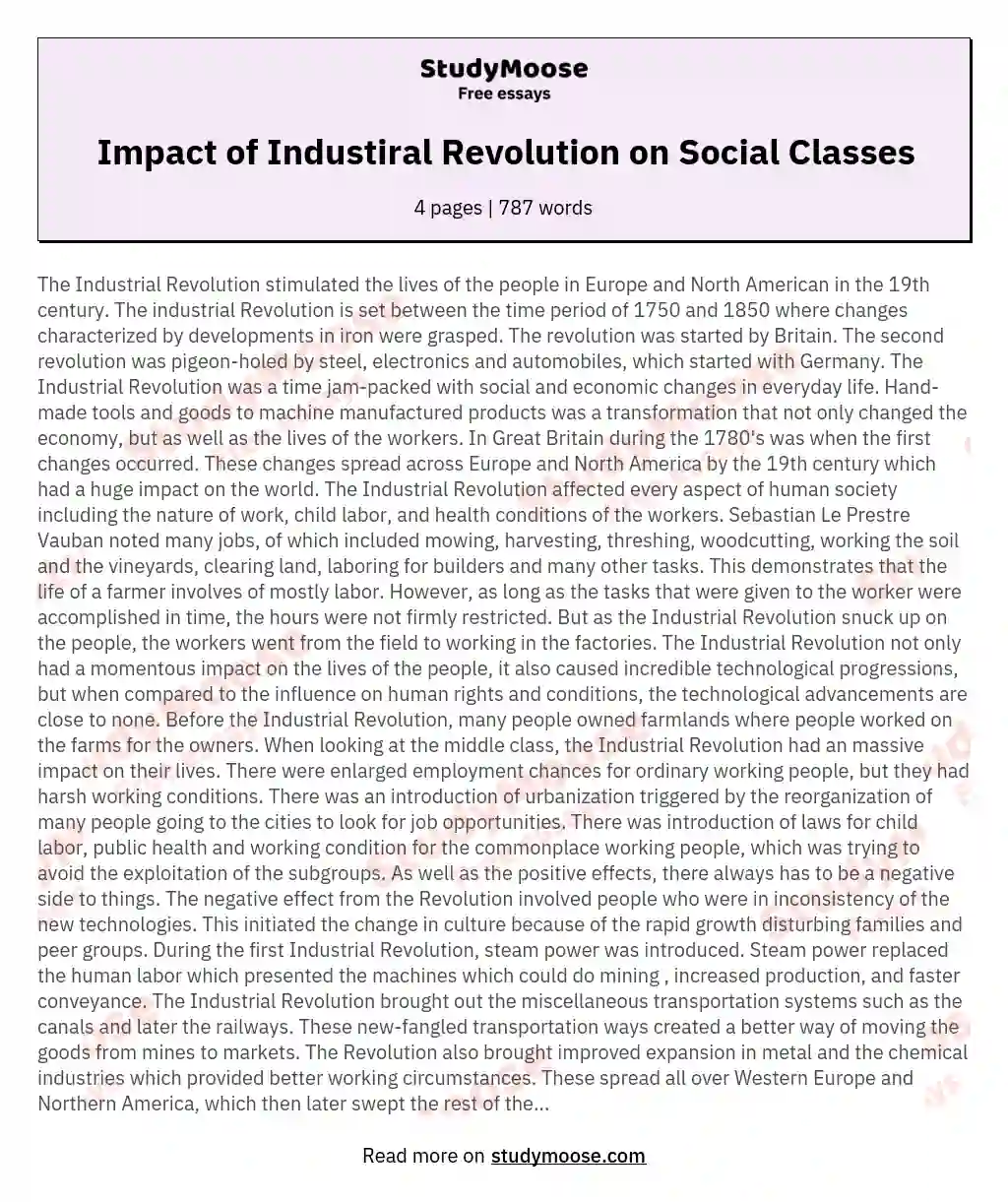 Impact of Industiral Revolution on Social Classes essay