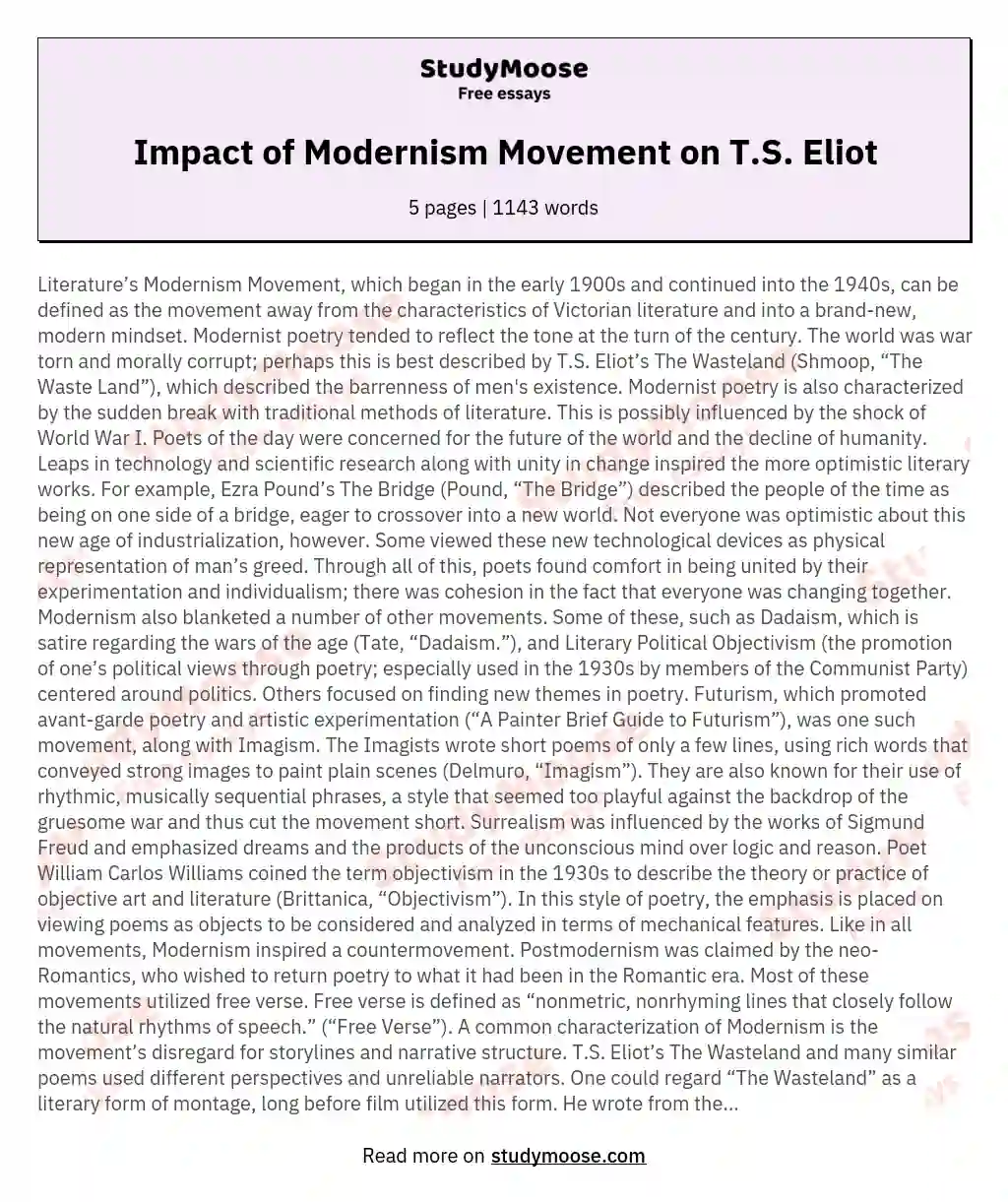 Impact of Modernism Movement on T.S. Eliot essay