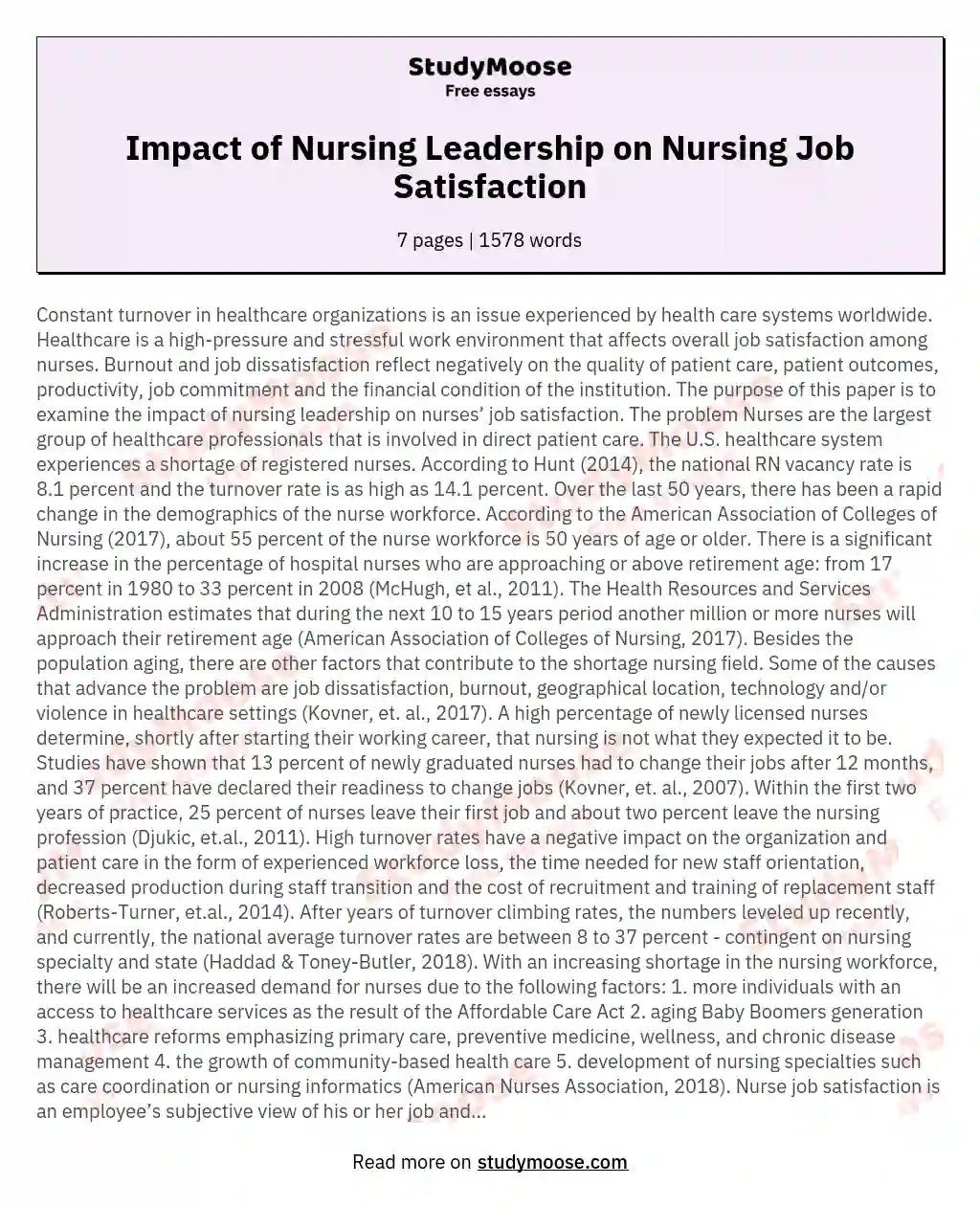 Impact of Nursing Leadership on Nursing Job Satisfaction