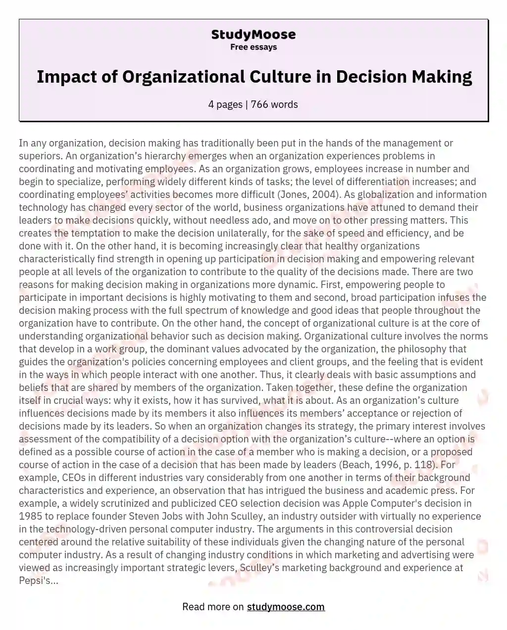 Impact of Organizational Culture in Decision Making essay