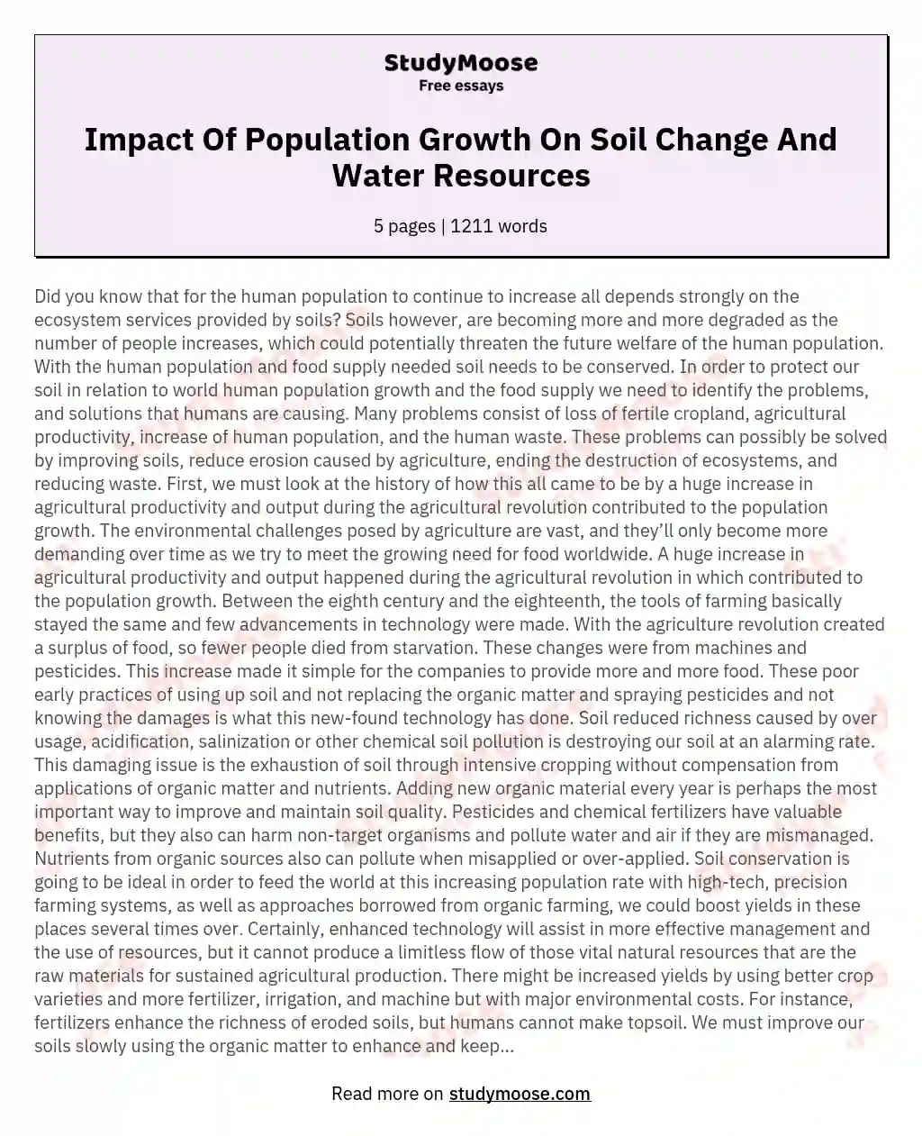 Impact Of Population Growth On Soil Change And Water Resources essay