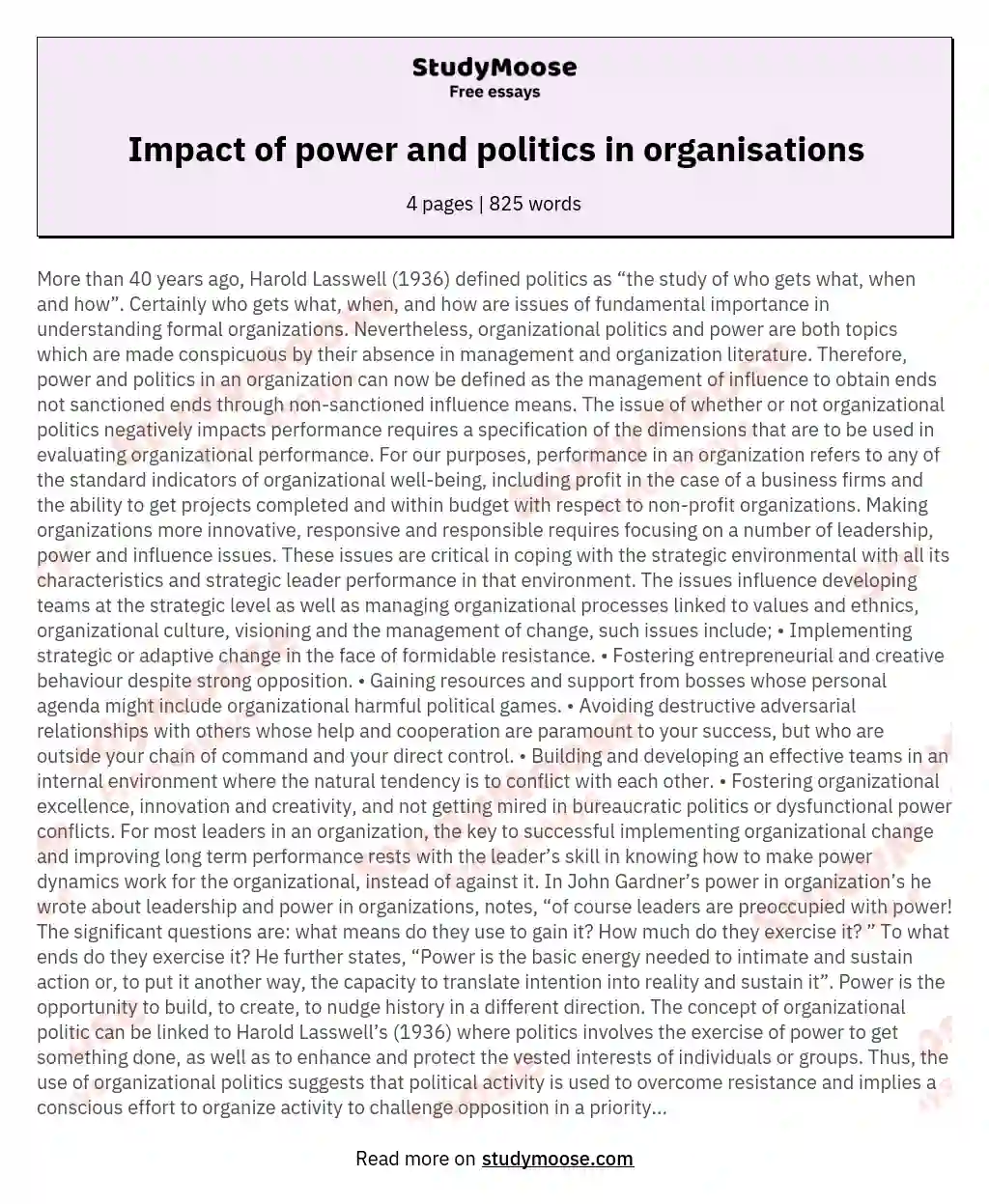 Impact of power and politics in organisations essay