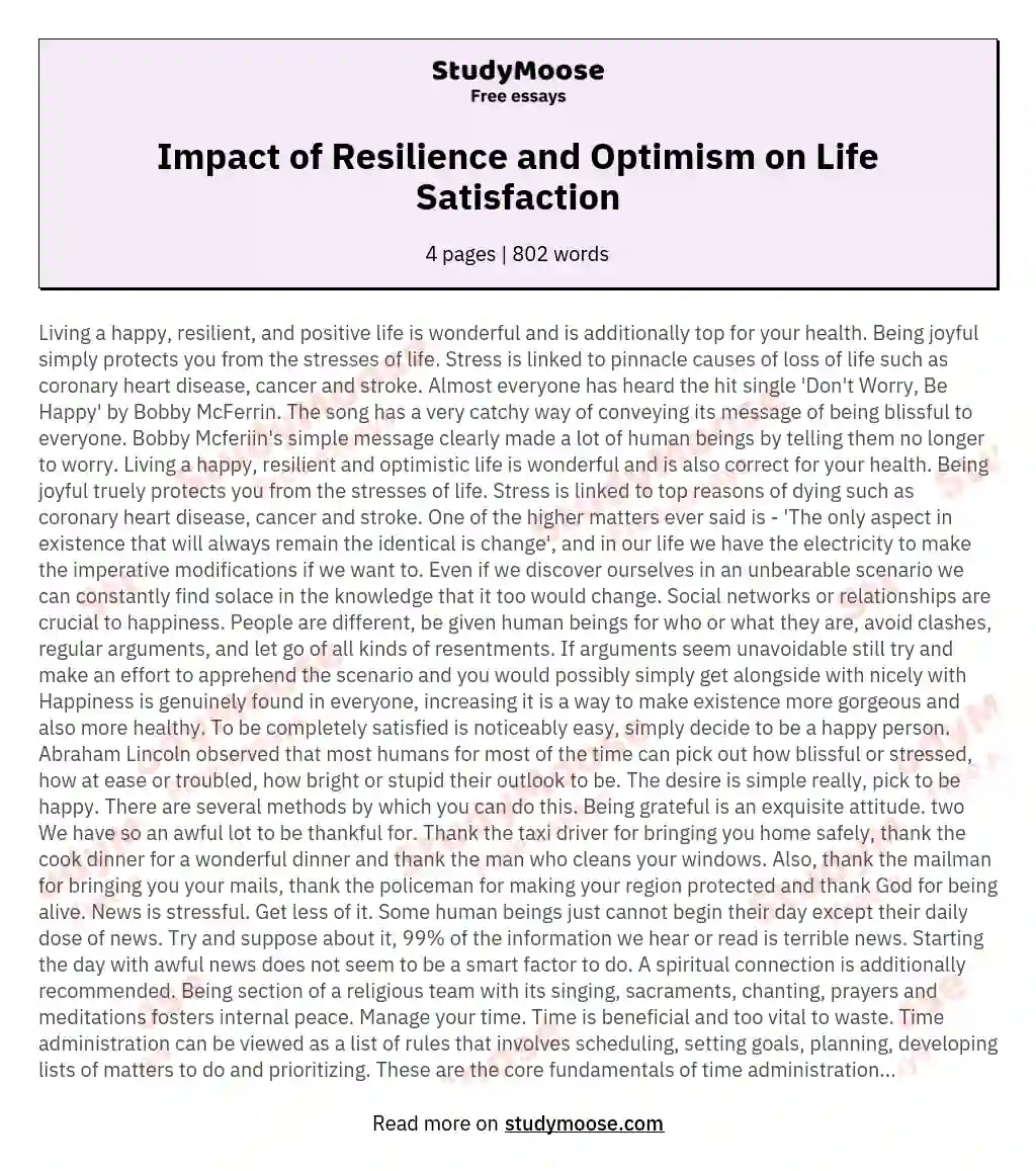 Impact of Resilience and Optimism on Life Satisfaction