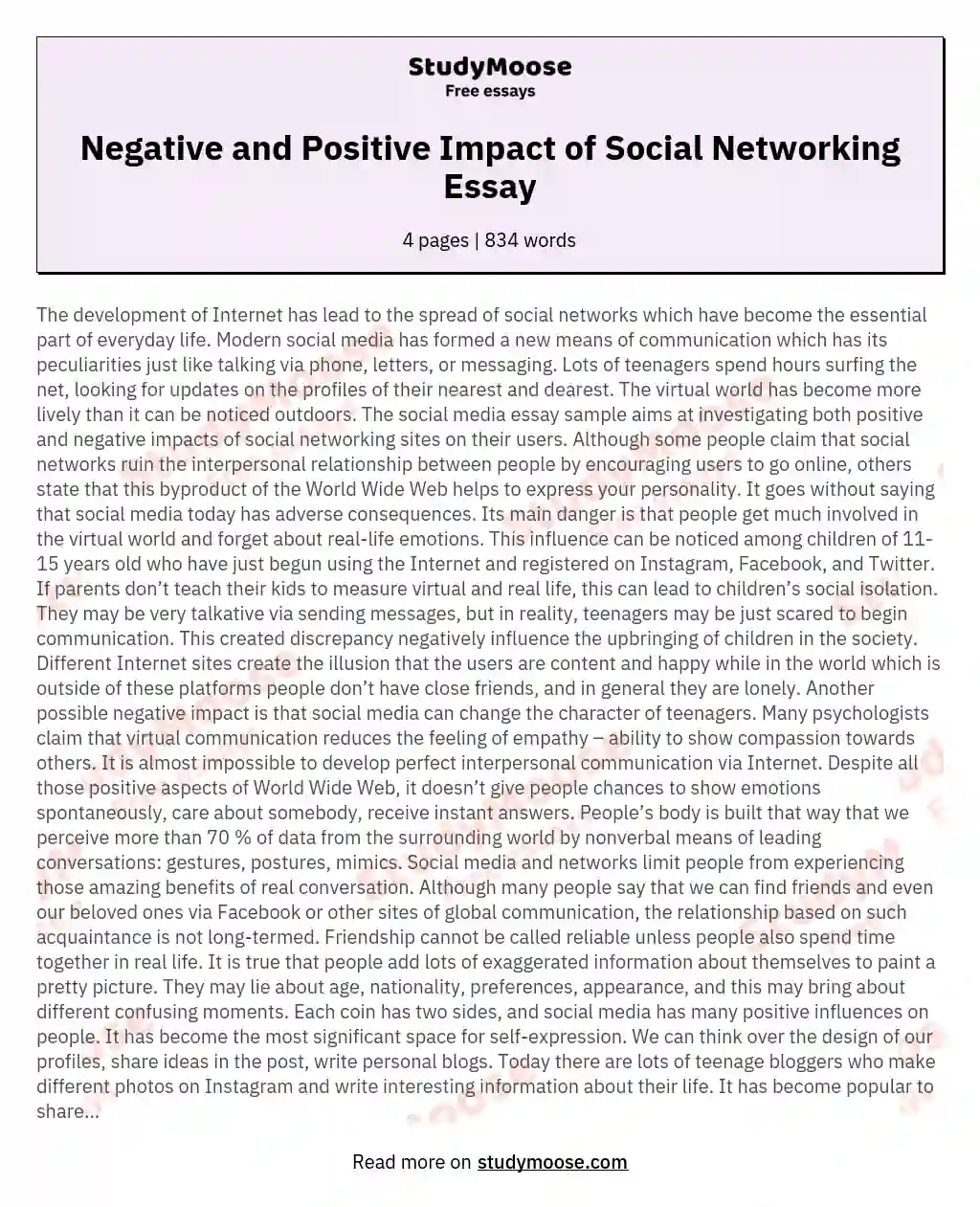 Negative and Positive Impact of Social Networking Essay essay