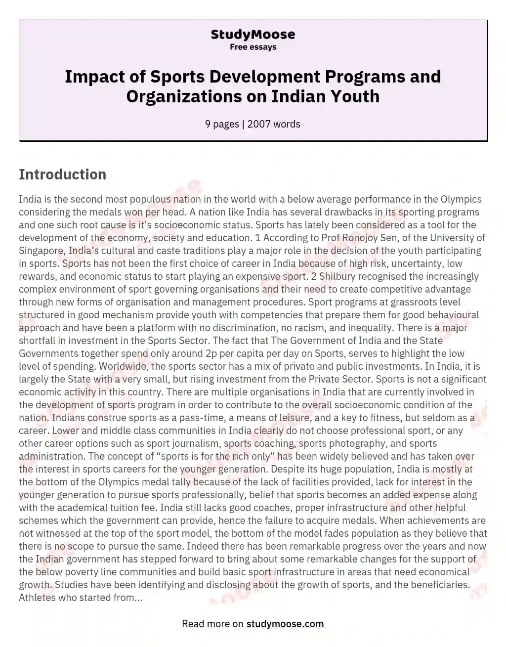 Impact of Sports Development Programs and Organizations on Indian Youth essay