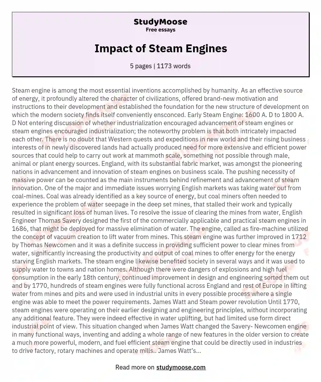 Impact of Steam Engines essay