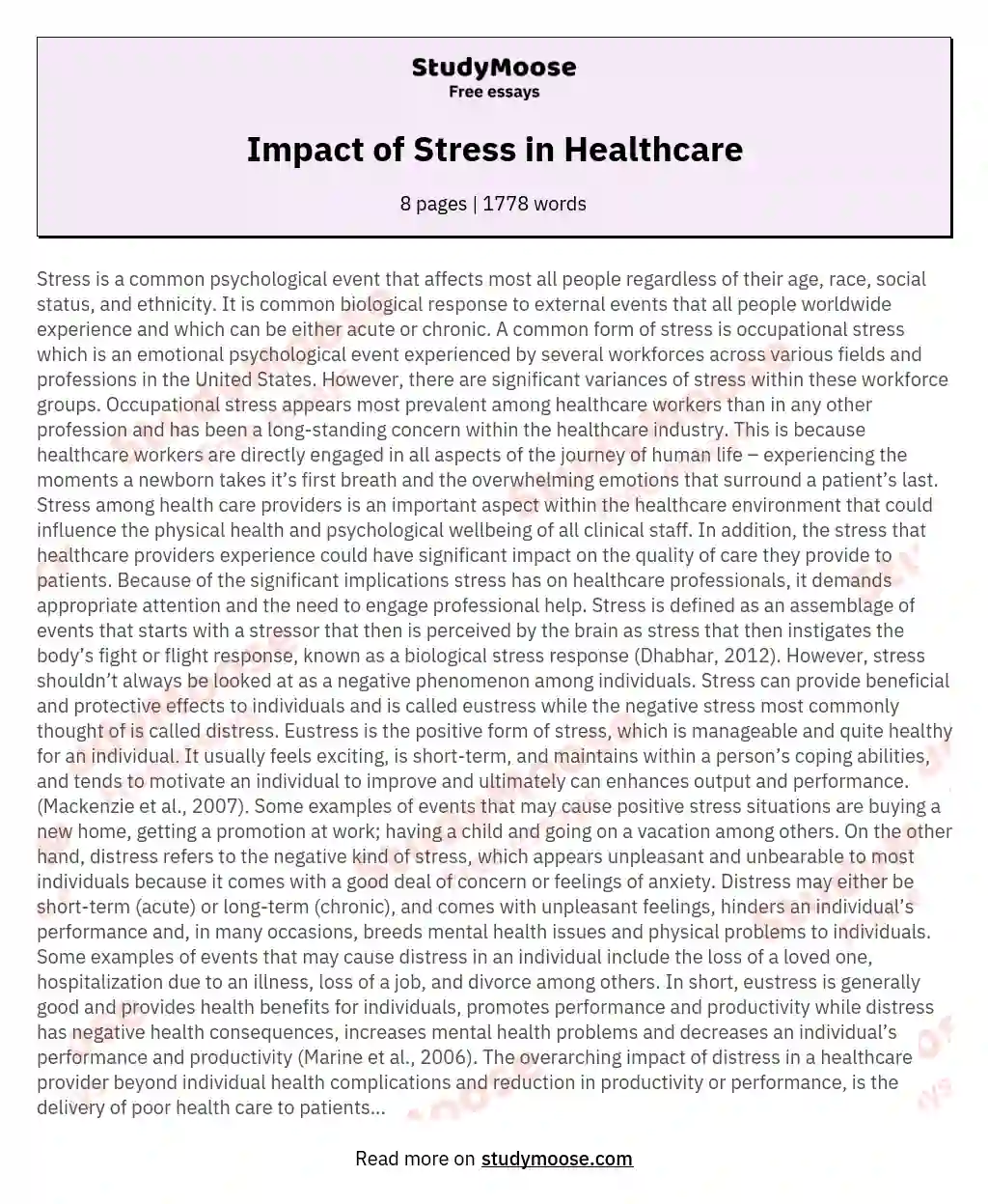 Impact of Stress in Healthcare essay