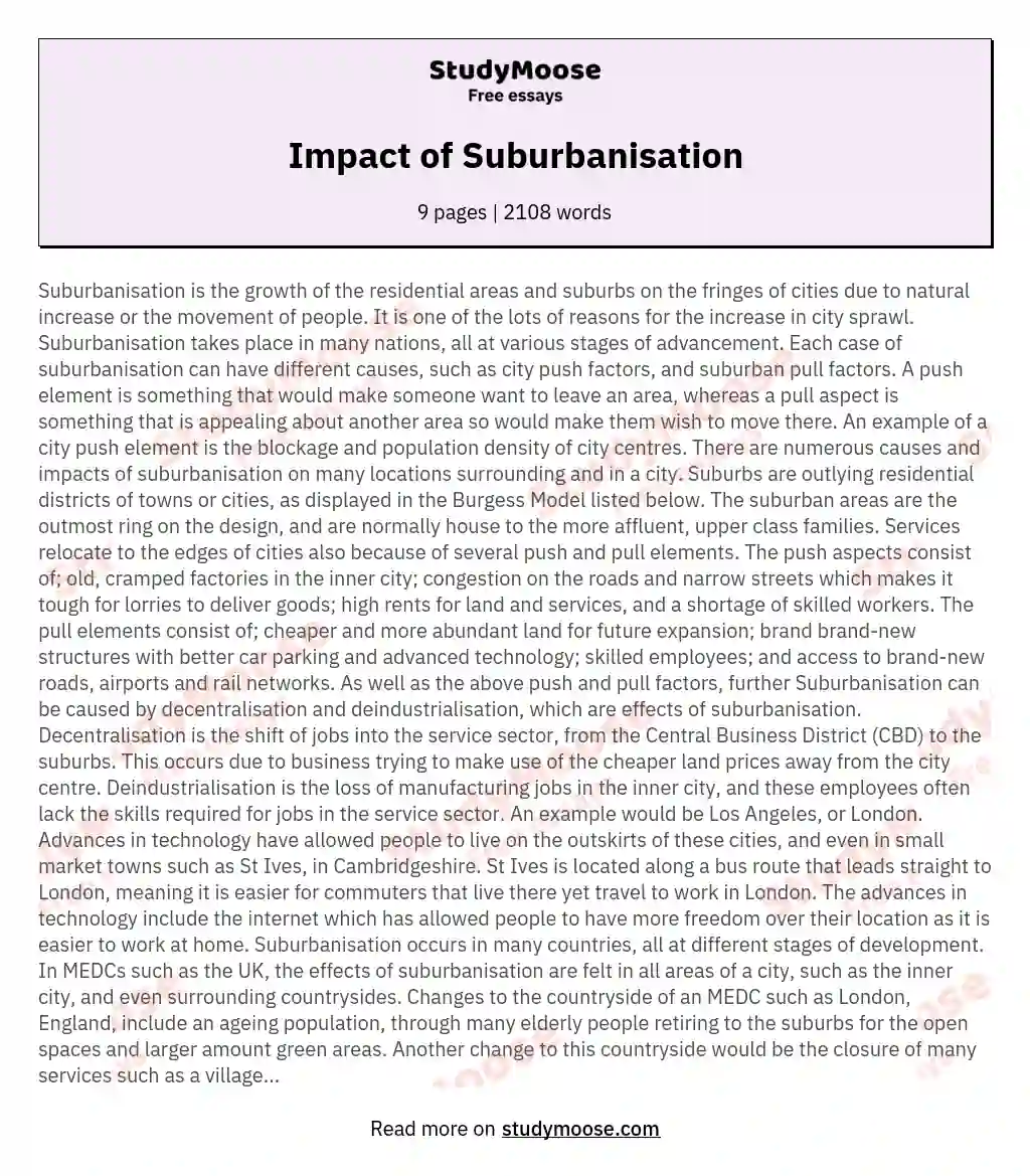 Impact of Suburbanisation essay