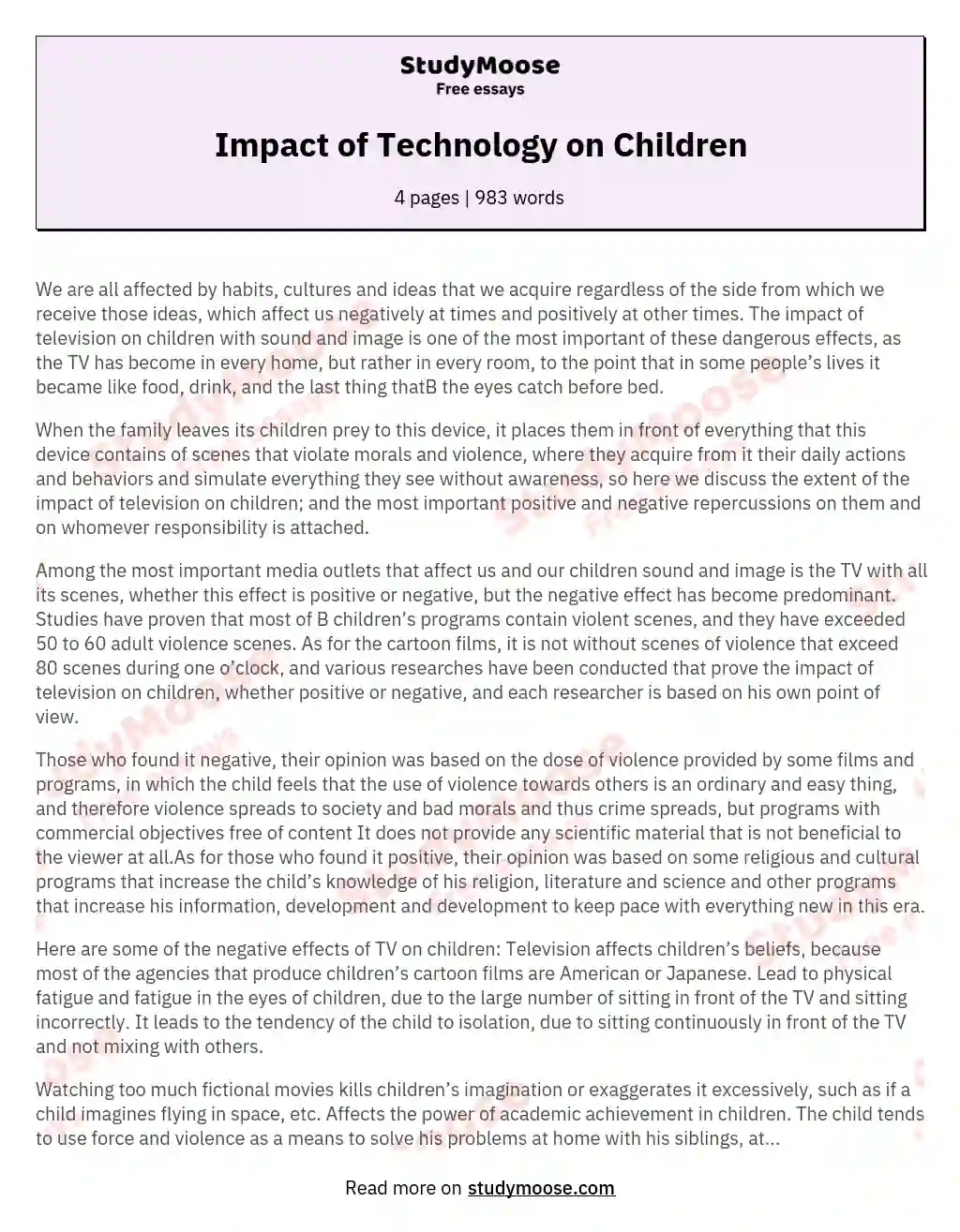Impact of Technology on Children essay