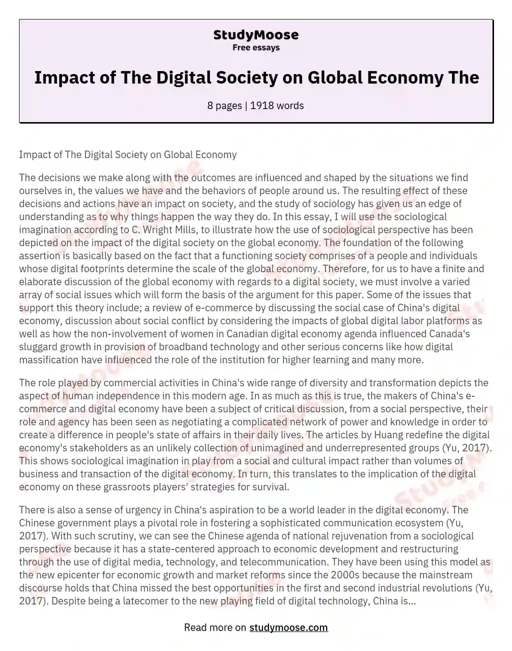Impact of The Digital Society on Global Economy The essay