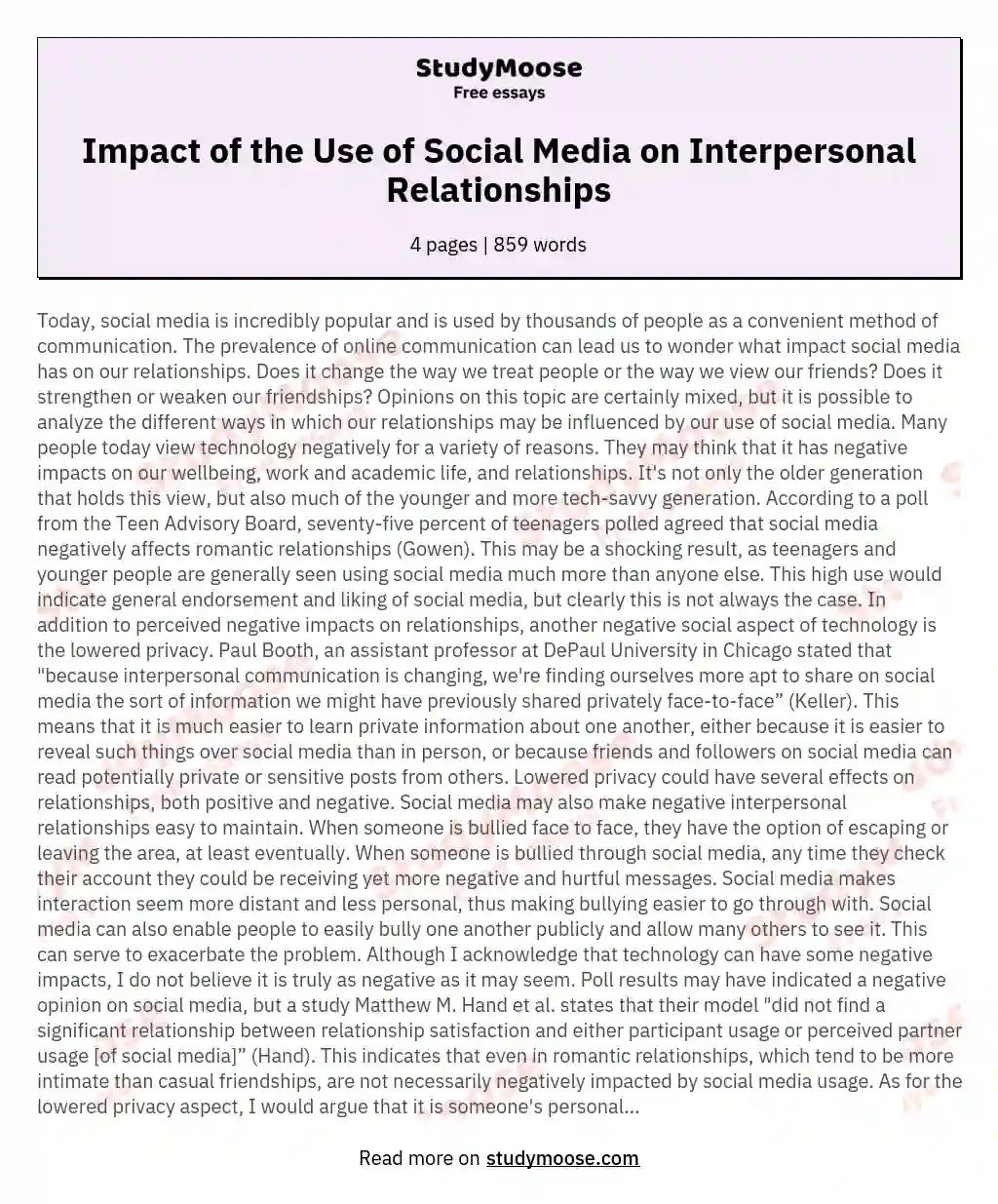 Impact of the Use of Social Media on Interpersonal Relationships essay