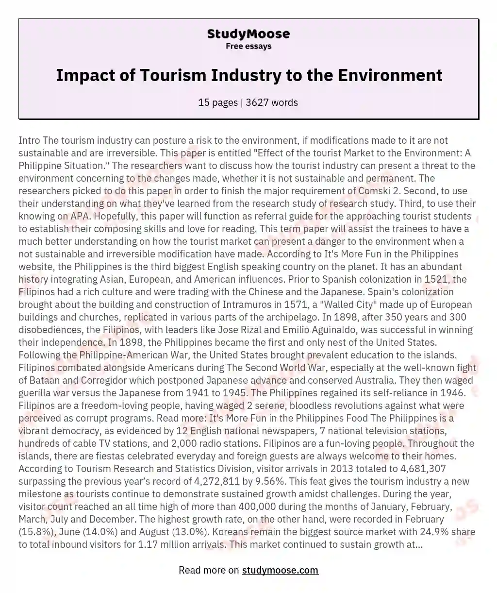Impact of Tourism Industry to the Environment essay