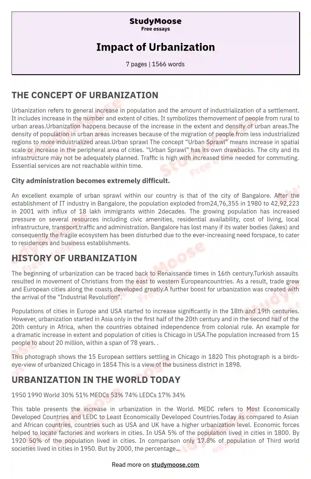 Impact of Urbanization essay