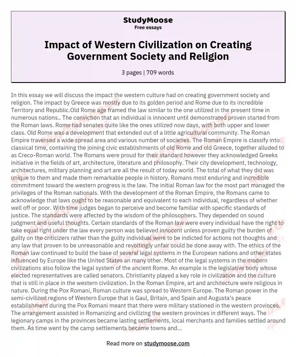 Impact of Western Civilization on Creating Government Society and Religion essay