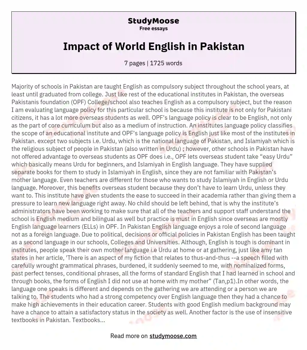 Impact of World English in Pakistan essay