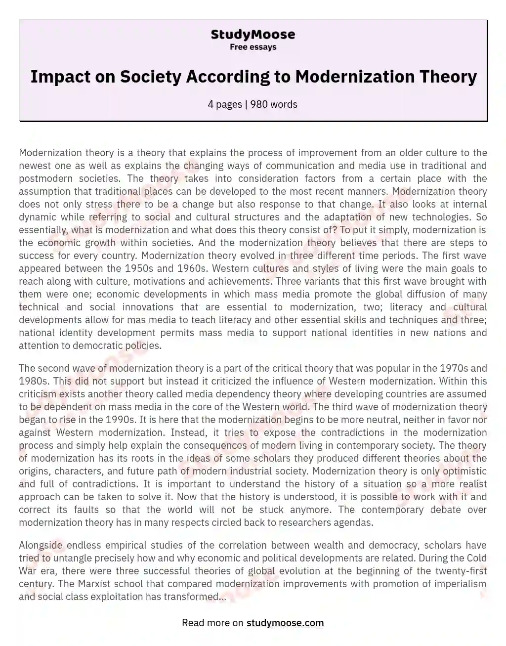Impact on Society According to Modernization Theory essay