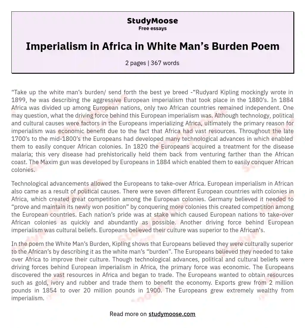 Imperialism in Africa in White Man’s Burden Poem essay