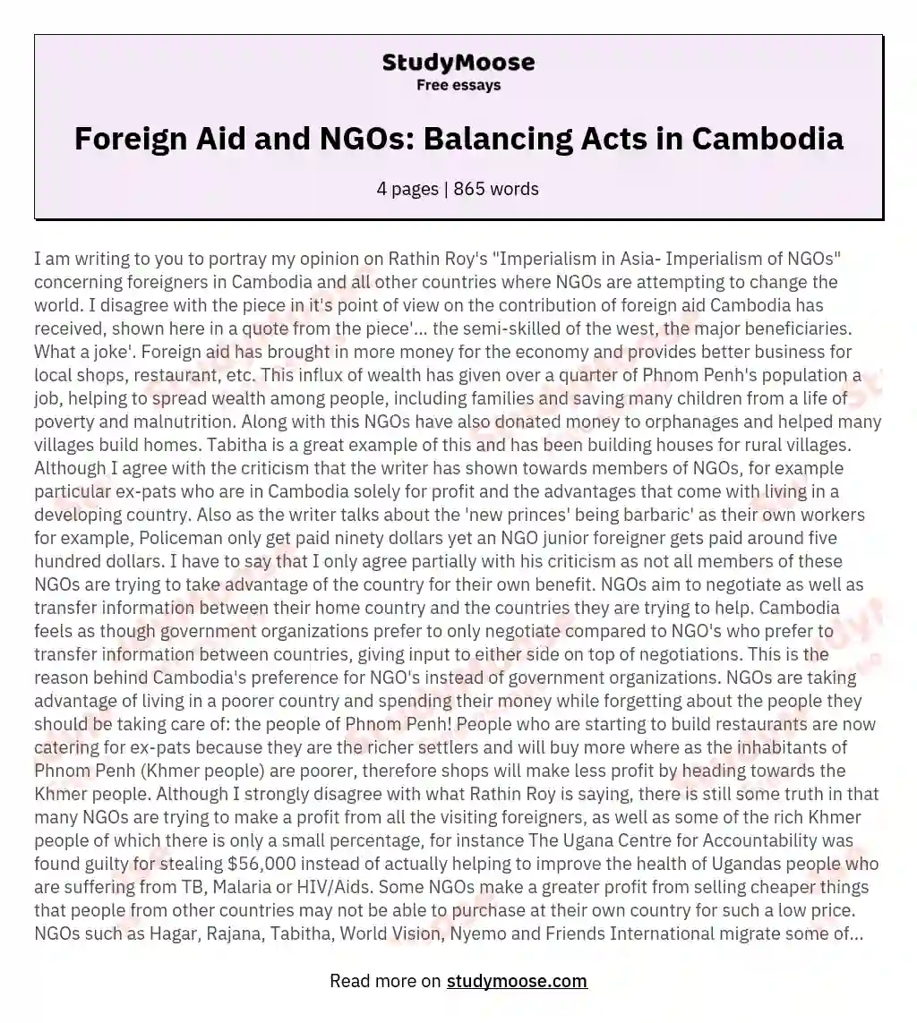 Foreign Aid and NGOs: Balancing Acts in Cambodia essay
