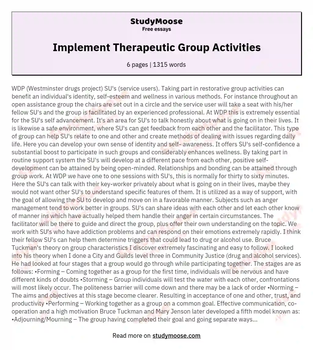Implement Therapeutic Group Activities essay