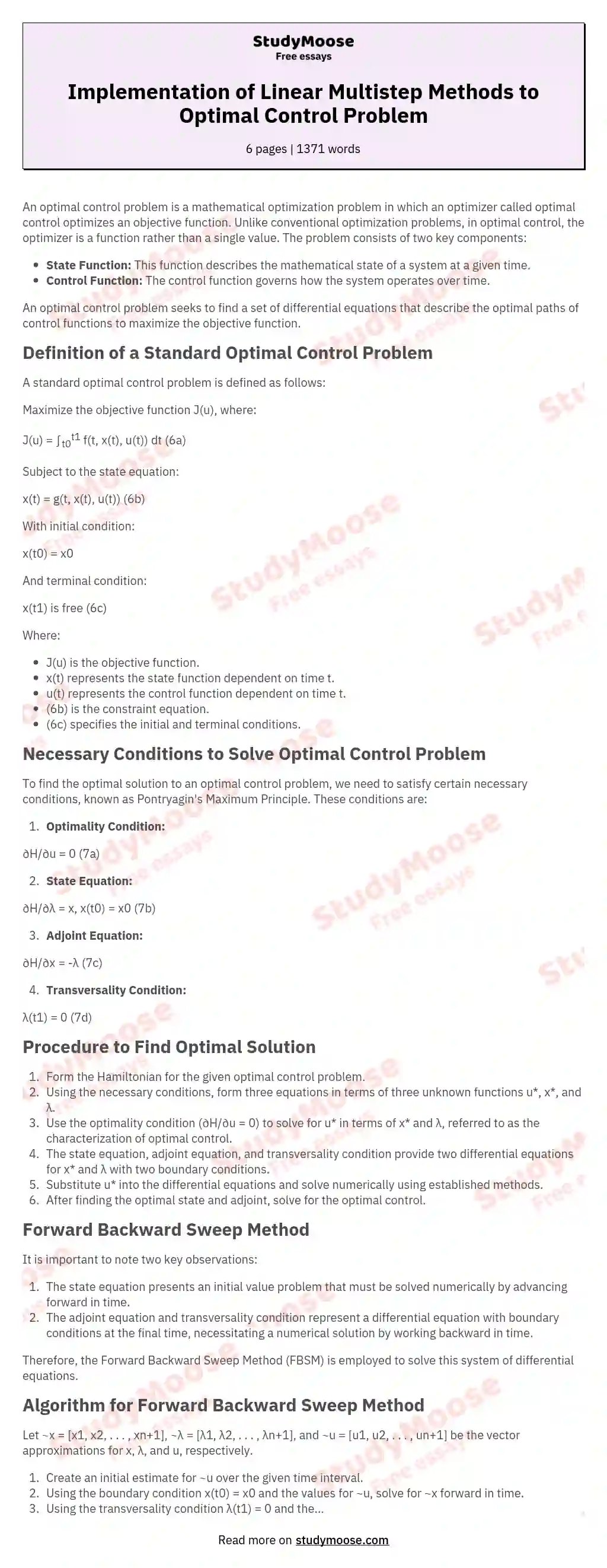 Implementation of Linear Multistep Methods to Optimal Control Problem essay