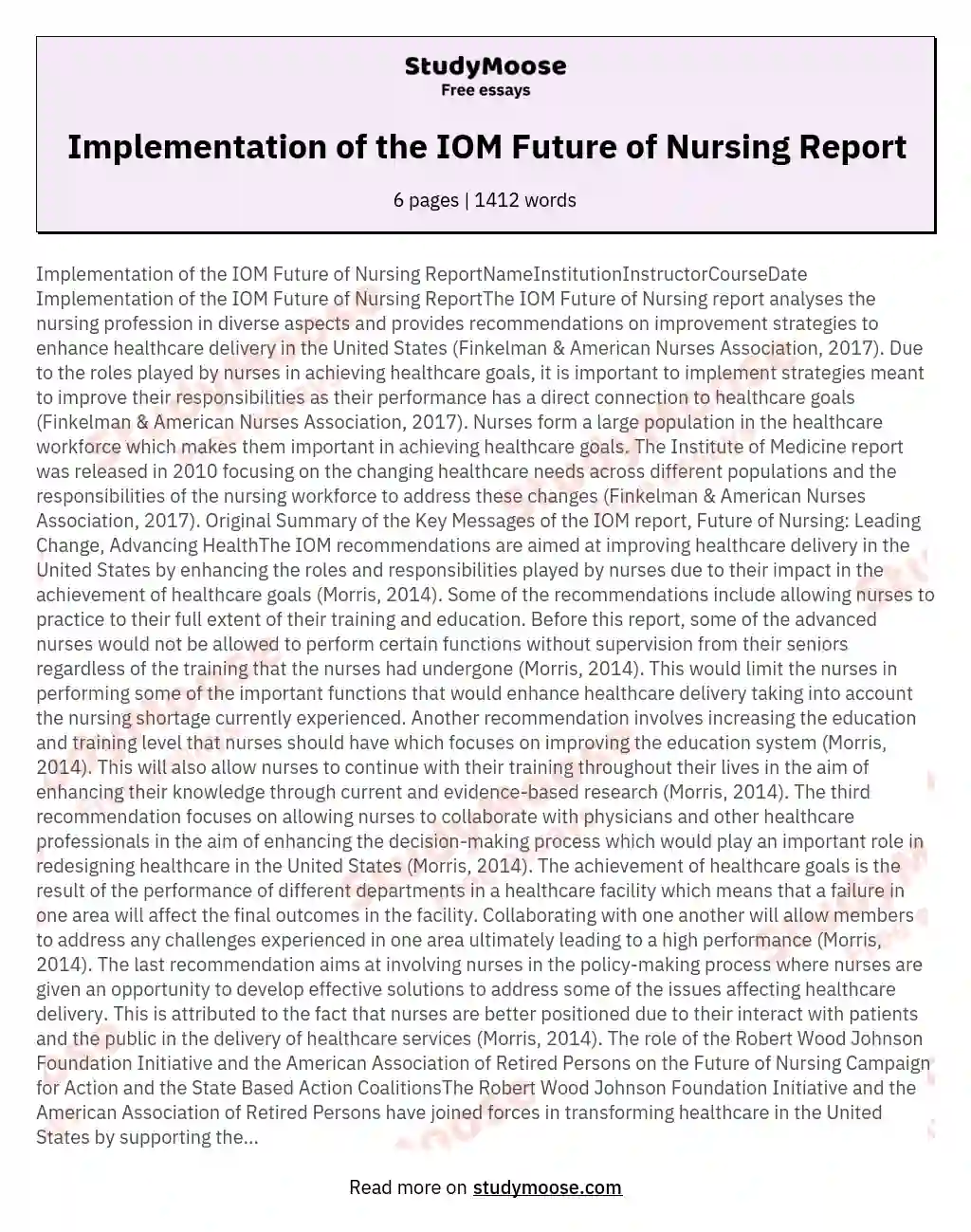 Implementation of the IOM Future of Nursing Report essay