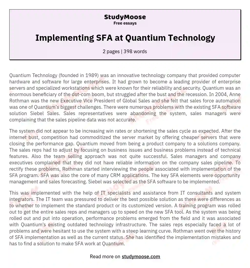 Implementing SFA at Quantium Technology essay