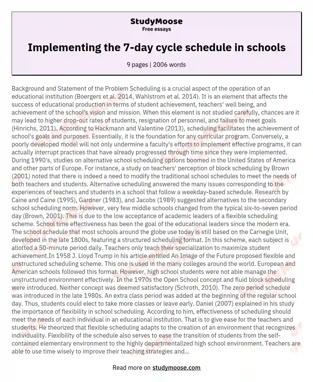Implementing the 7-day cycle schedule in schools essay