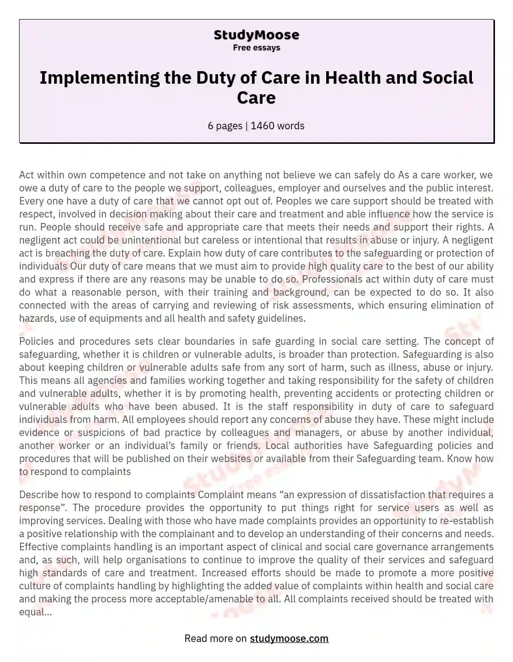 Implementing the Duty of Care in Health and Social Care essay