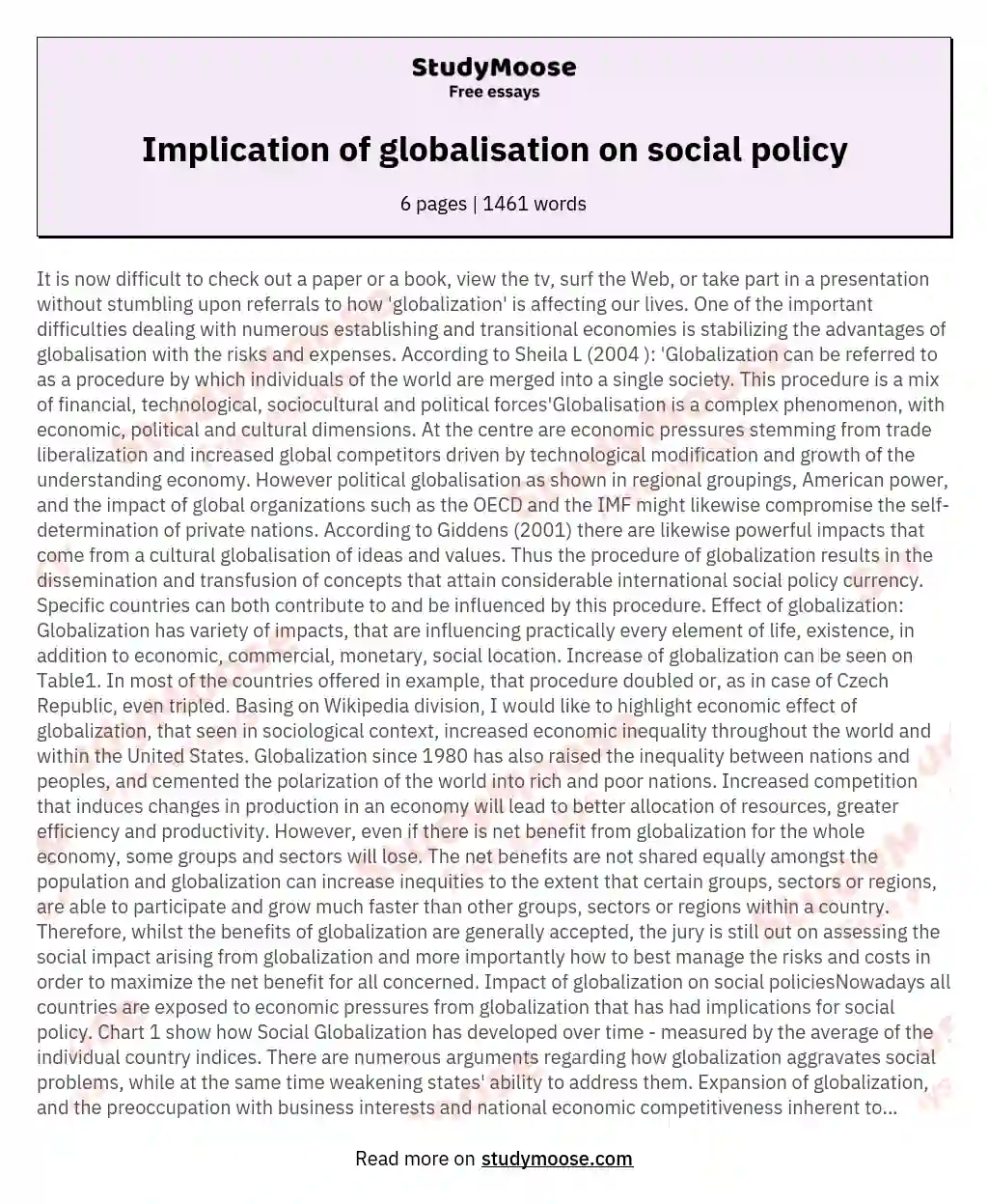 Implication of globalisation on social policy essay