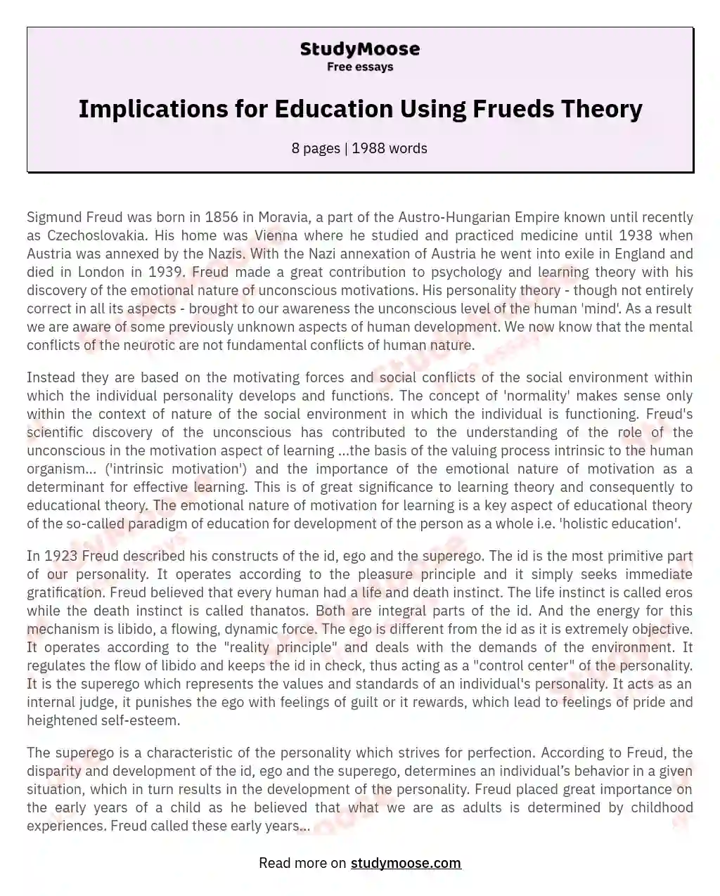 Implications for Education Using Frueds Theory essay