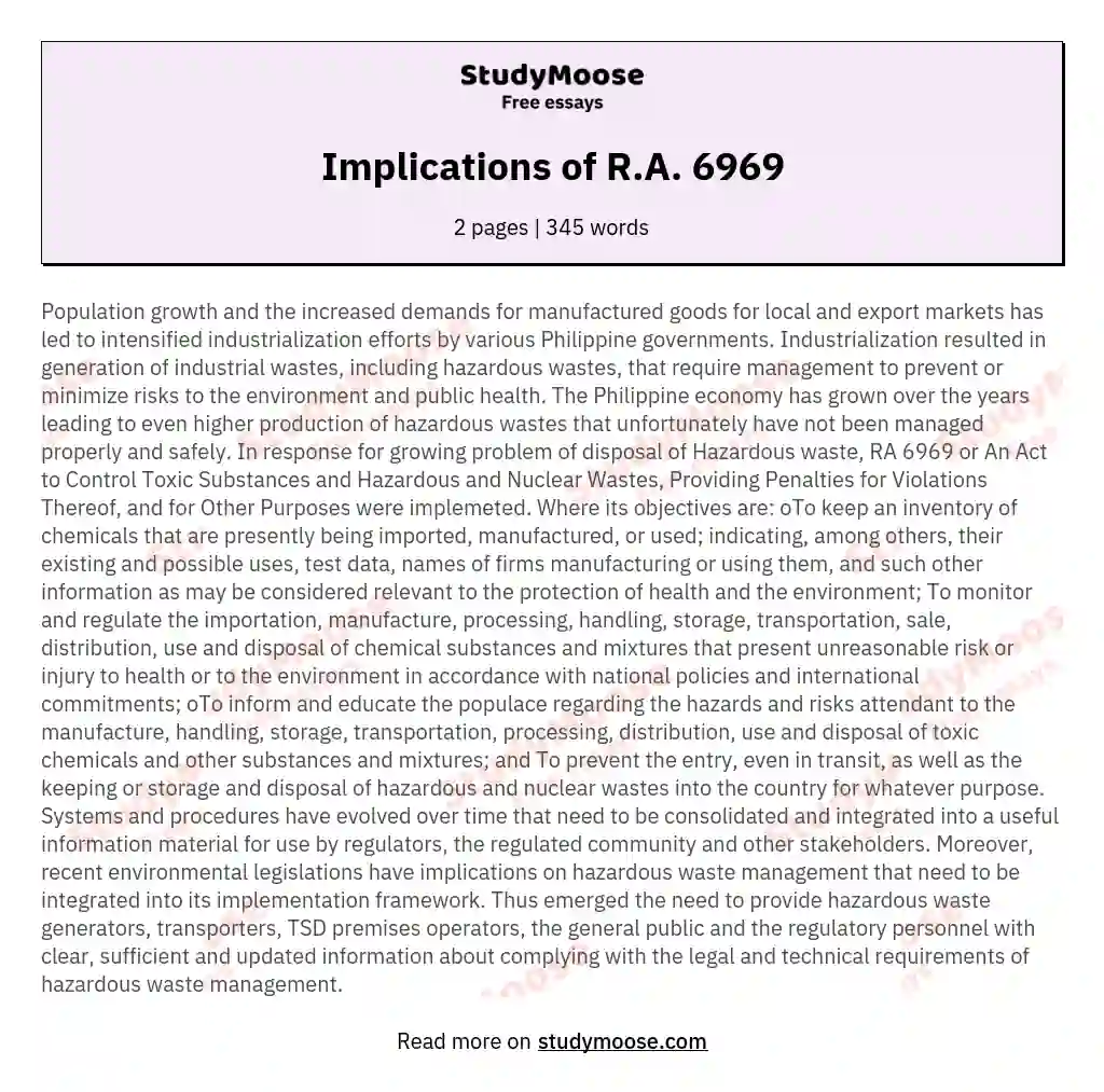 Implications of R.A. 6969 essay