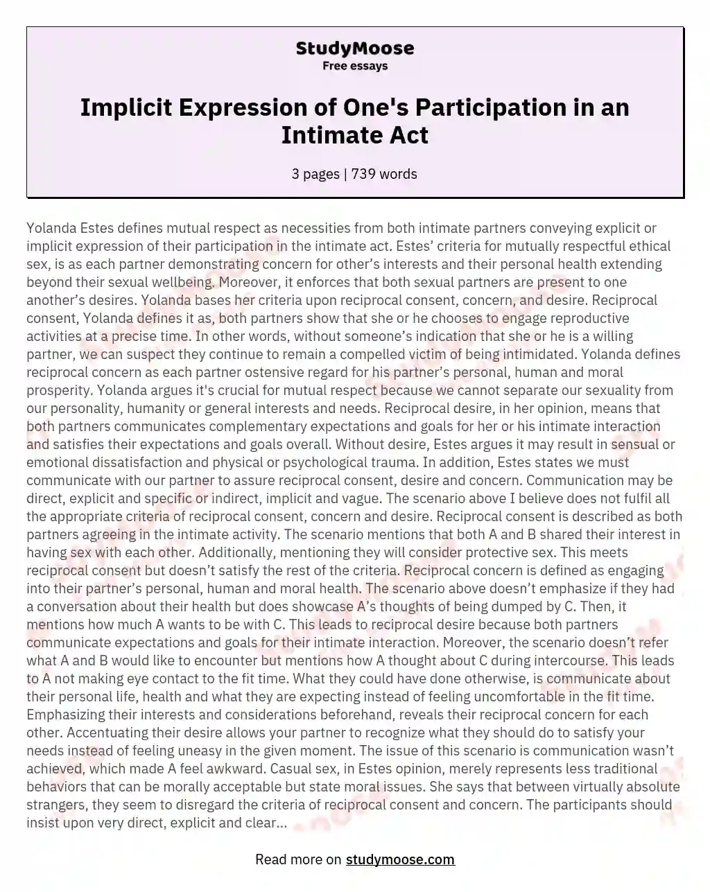 Implicit Expression of One's Participation in an Intimate Act essay