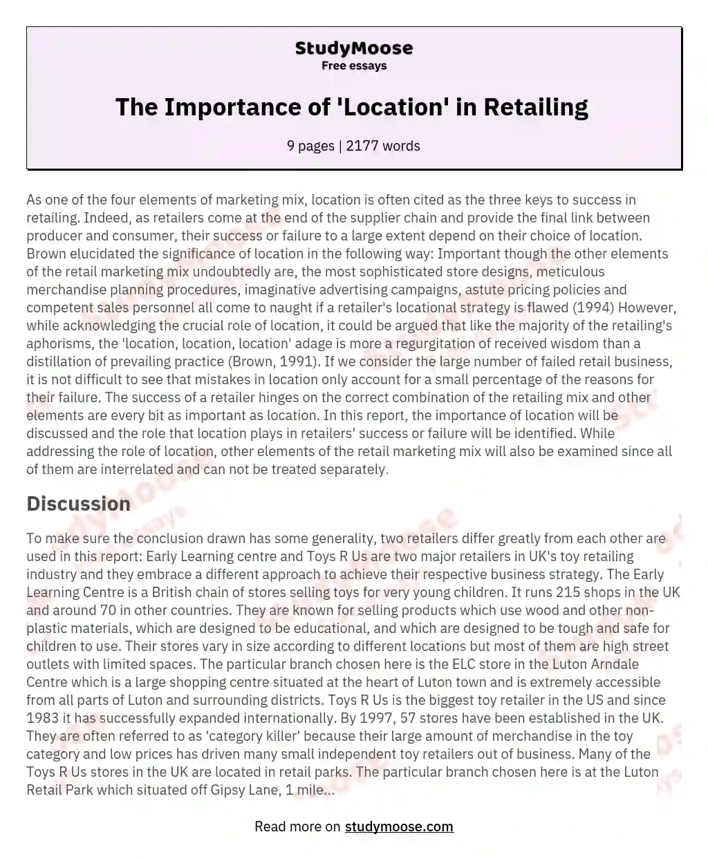 The Importance of 'Location' in Retailing  essay
