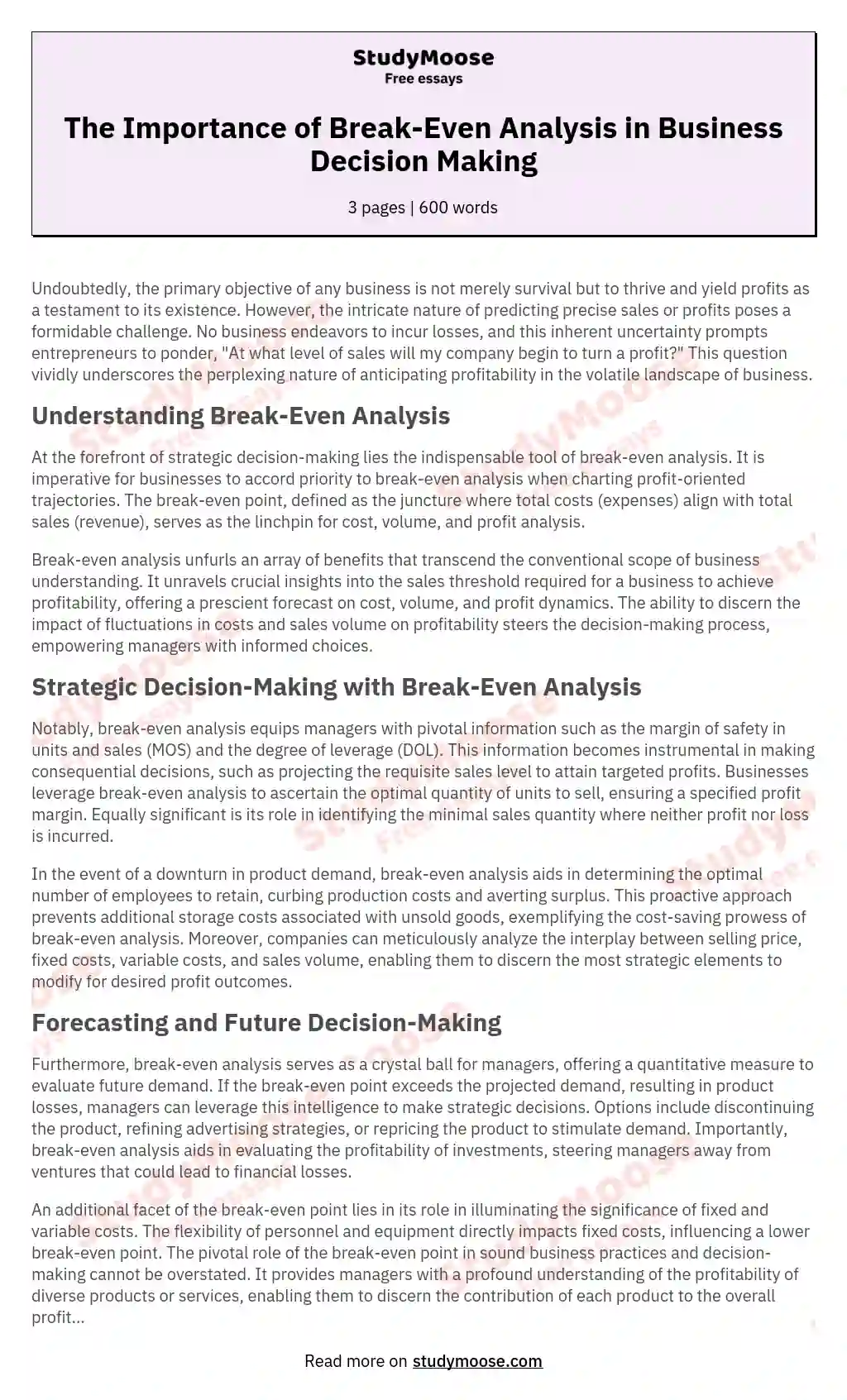The Importance of Break-Even Analysis in Business Decision Making essay