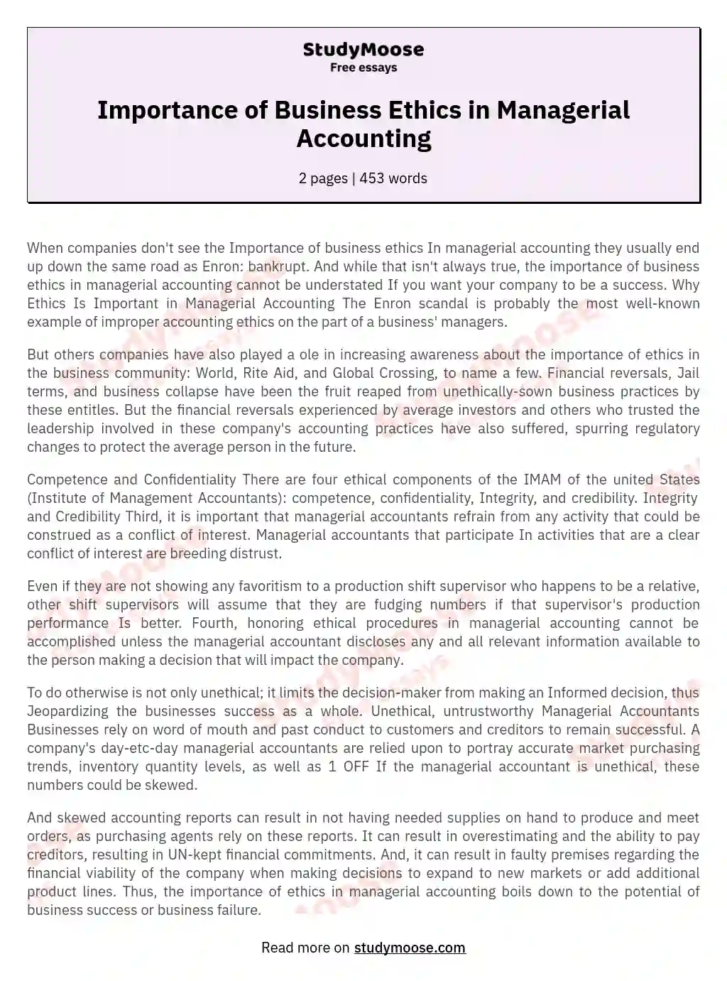 Importance of Business Ethics in Managerial Accounting essay
