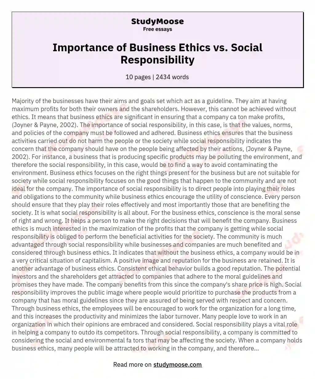 Importance of Business Ethics vs. Social Responsibility essay