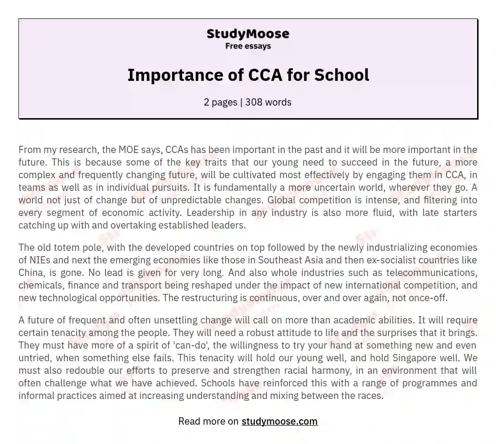 Importance of CCA for School essay